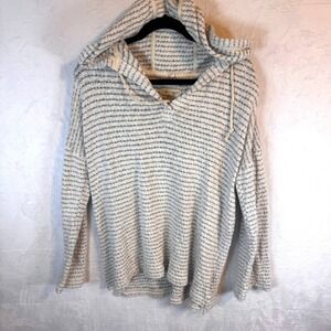 Lou & Grey Loft Hoodie Sweater Striped Textured Large Cream Gray Women